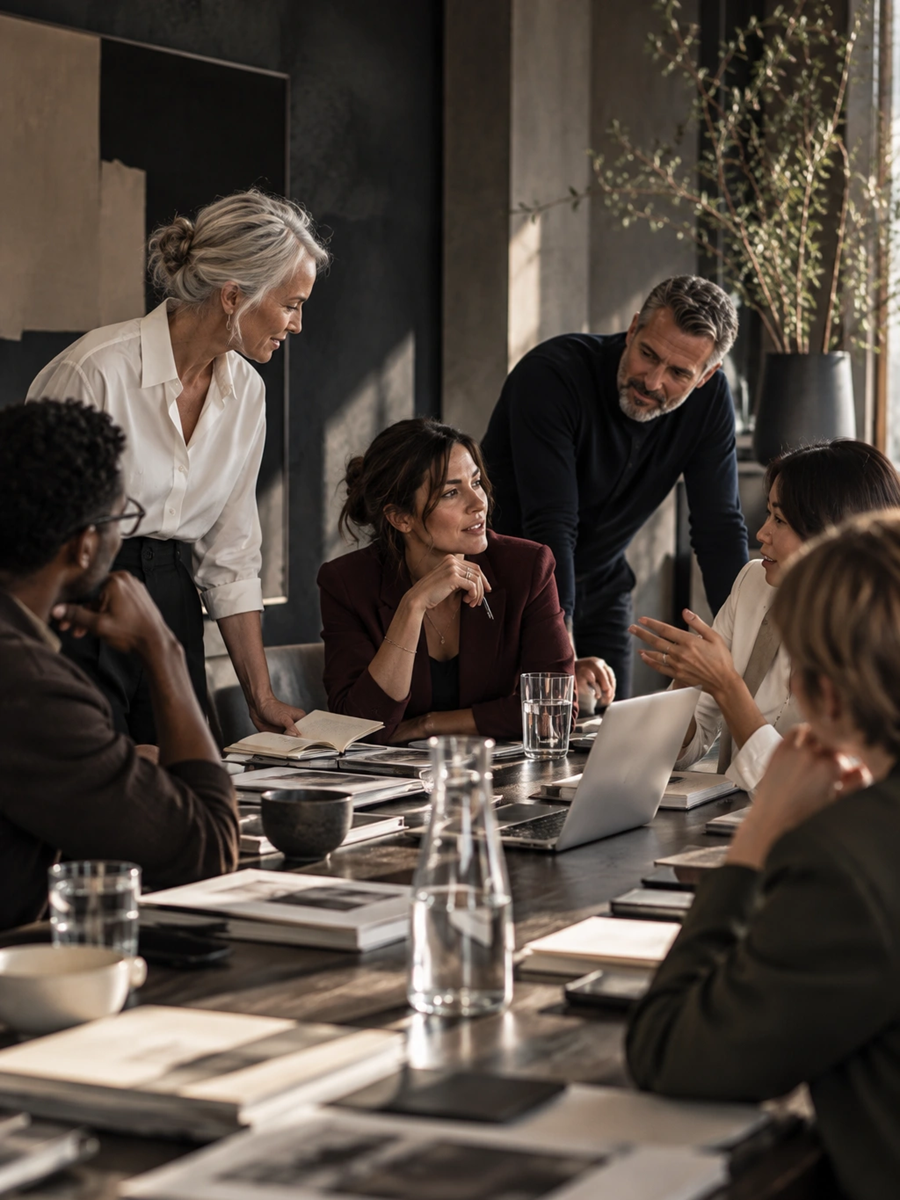 Diverse professionals with different personal styles engaged in conversation during a meeting in a modern workplace.