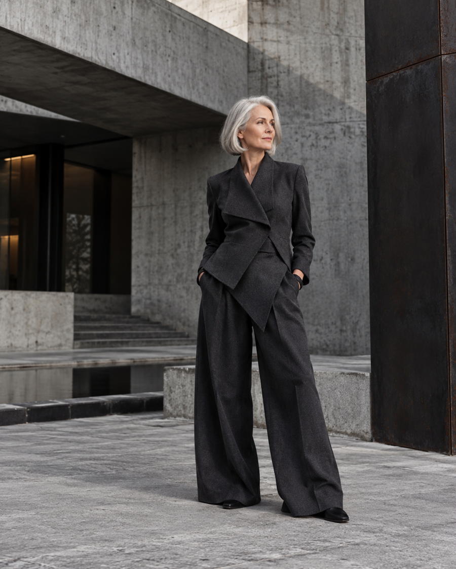 Professional woman with individual style in a modern architectural setting